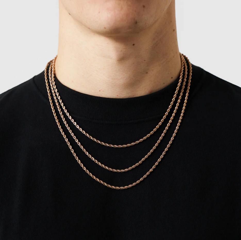 Collar de cadena de cuerda de oro rosa de 14 quilates para hombre de 3 mm-3