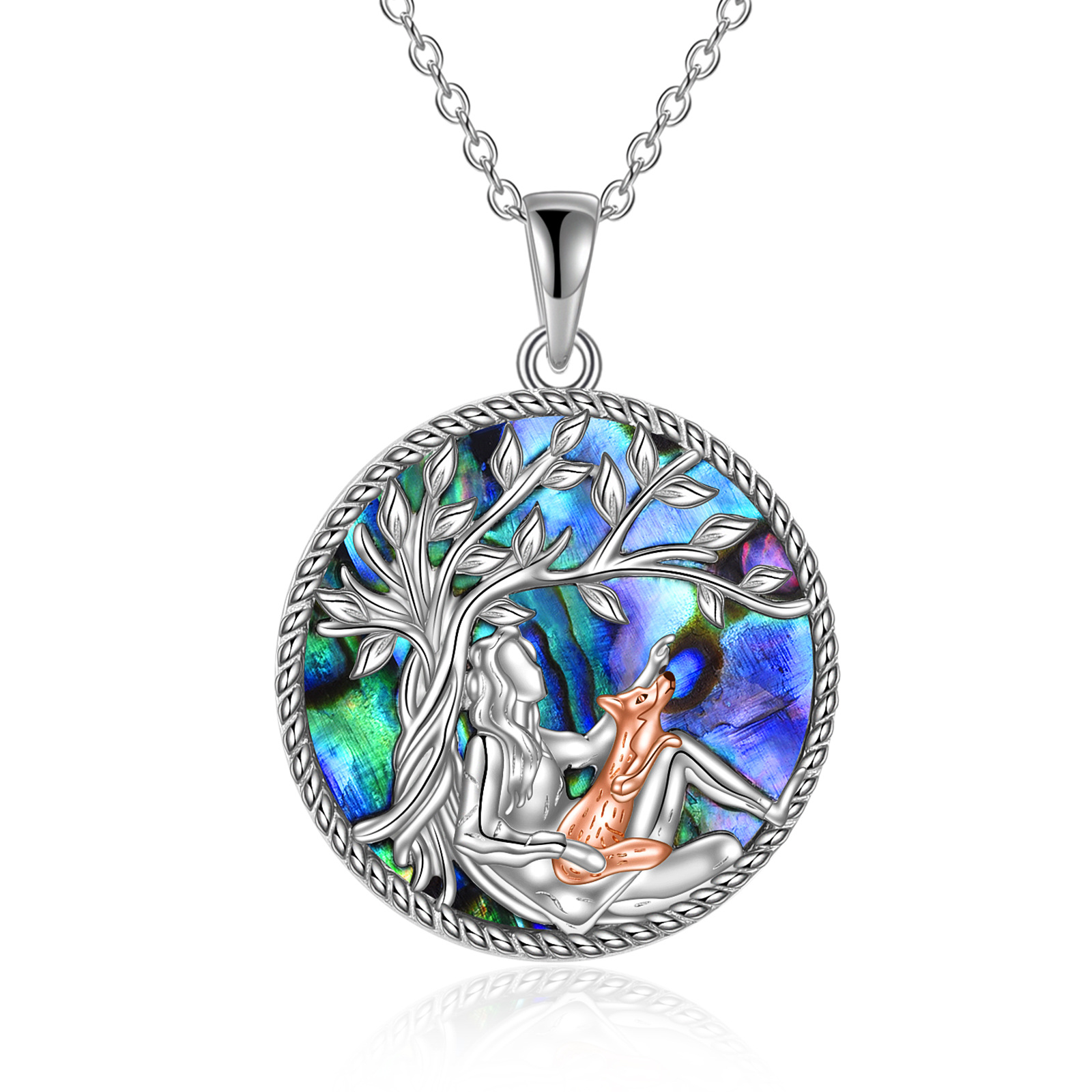 Collana con ciondolo in argento 925 e placcatura in oro rosa con conchiglia Abalone Fox e albero della vita-1