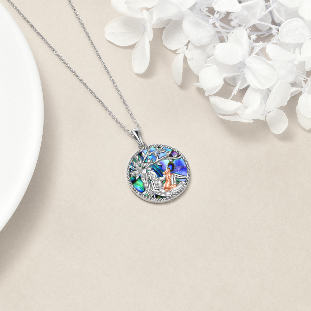 Sterling Silver with Rose Gold Plated Round Abalone Shellfish Fox & Tree Of Life Pendant Necklace-4