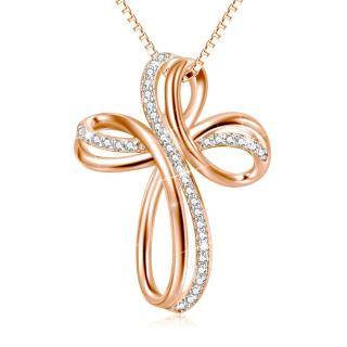 Sterling Silver with Rose Gold Plated Round Cubic Zirconia Cross & Infinity Symbol Pendant Necklace-1