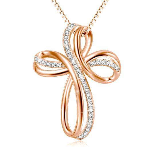 Sterling Silver with Rose Gold Plated Round Cubic Zirconia Cross & Infinity Symbol Pendant Necklace