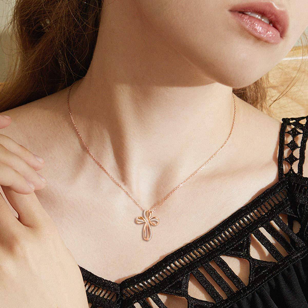 Sterling Silver with Rose Gold Plated Round Cubic Zirconia Cross & Infinity Symbol Pendant Necklace-2