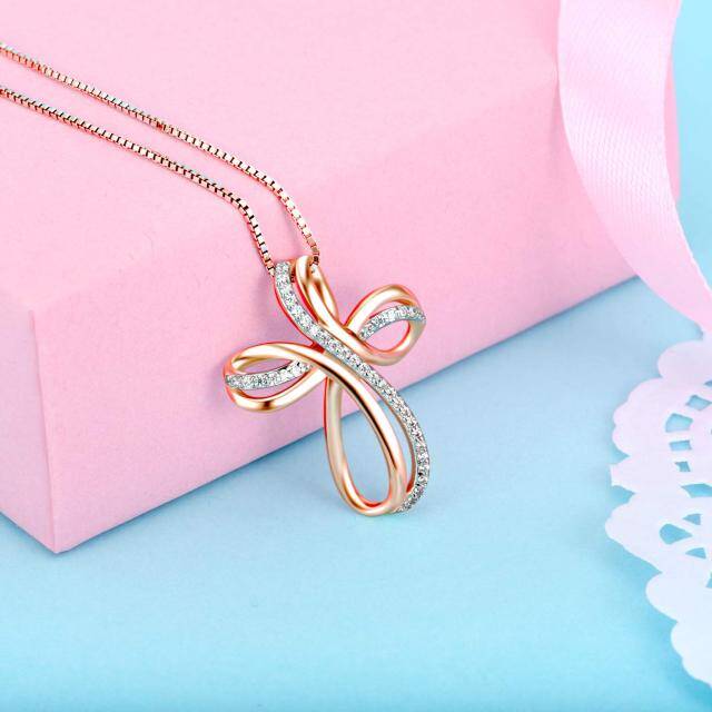 Sterling Silver with Rose Gold Plated Round Cubic Zirconia Cross & Infinity Symbol Pendant Necklace-3