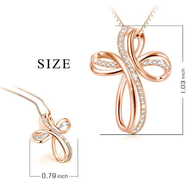 Sterling Silver with Rose Gold Plated Round Cubic Zirconia Cross & Infinity Symbol Pendant Necklace-4