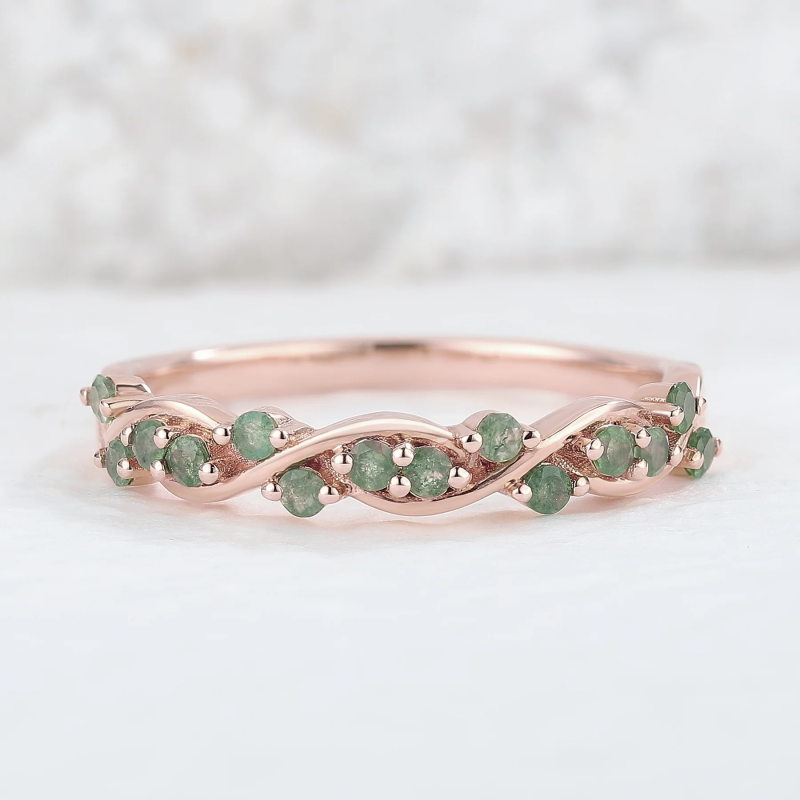 Sterling Silver with Rose Gold Plated Round Cut Moss Agate Ring-1