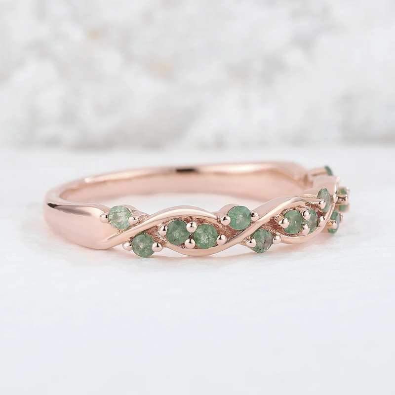 Sterling Silver with Rose Gold Plated Round Cut Moss Agate Ring-3