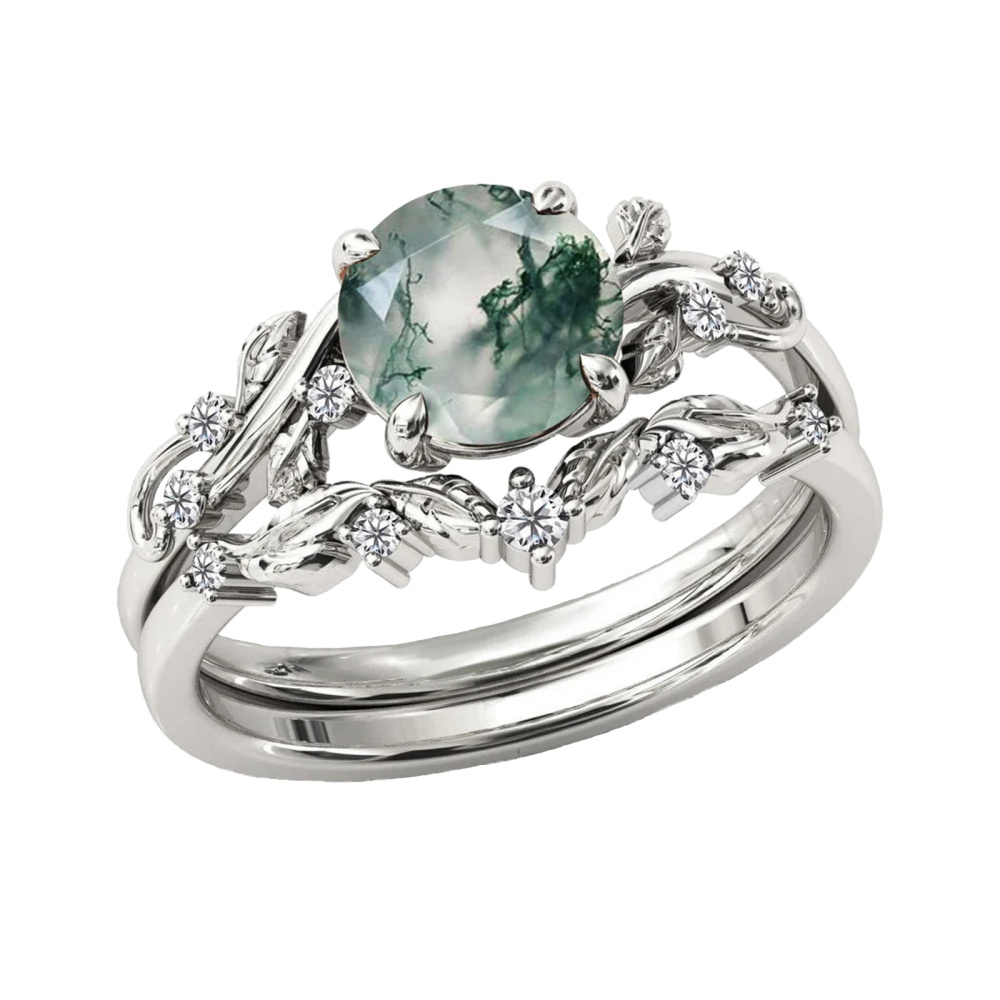 Plata de ley con baño de oro rosa Ronda Ivy Moss Ágata Anillo de compromiso Set-1