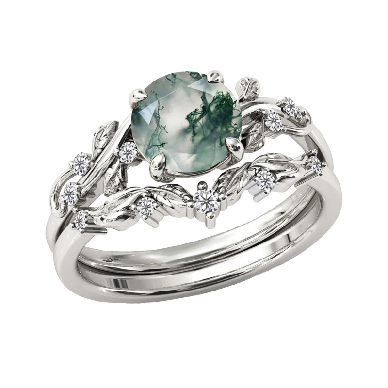 Sterling Silver with Rose Gold Plated Round Ivy Moss Agate Engagement Ring Set-9