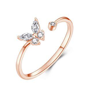 Sterling Silver with Rose Gold Plated Round Moissanite Butterfly Open Ring-30