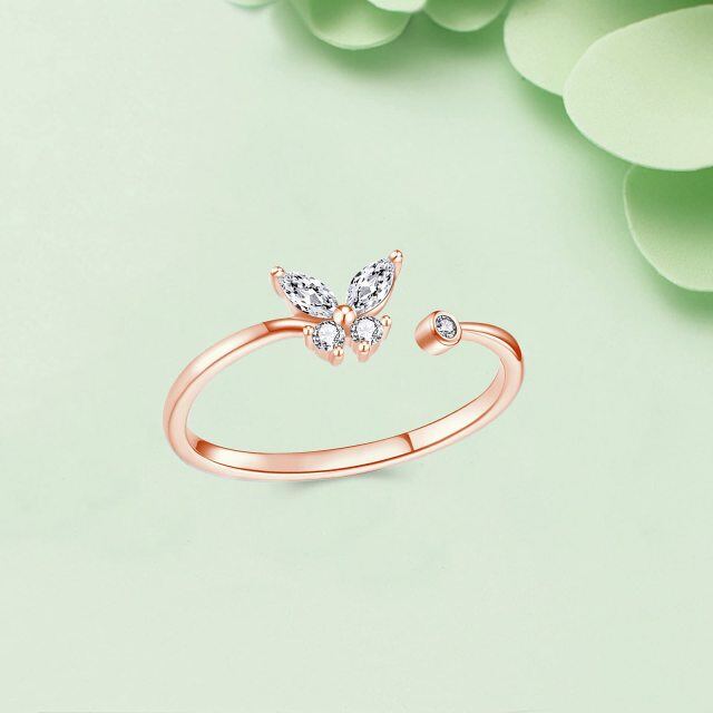 Sterling Silver with Rose Gold Plated Round Moissanite Butterfly Open Ring-3