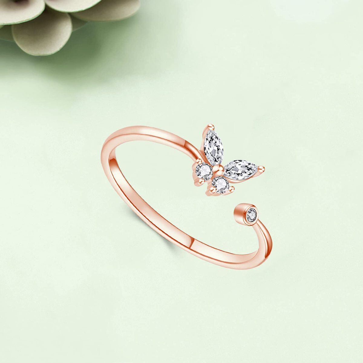 Sterling Silver with Rose Gold Plated Round Moissanite Butterfly Open Ring-4