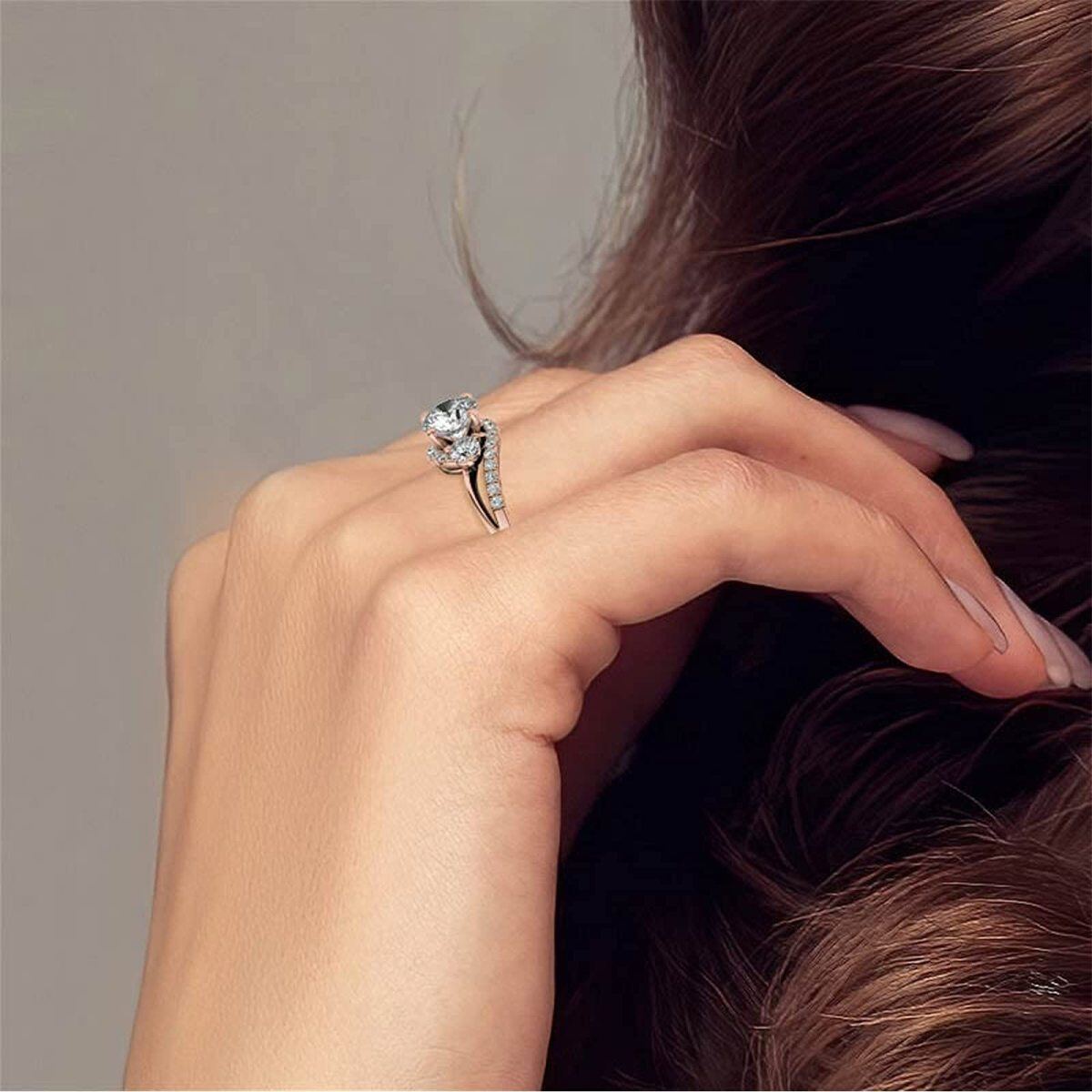 Anillo de compromiso en pareja de Moissanite redonda en plata de ley con baño de oro rosa-2