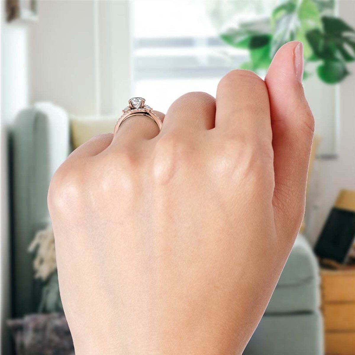 Sterling Silver with Rose Gold Plated Round Moissanite Couple Engagement Ring-4