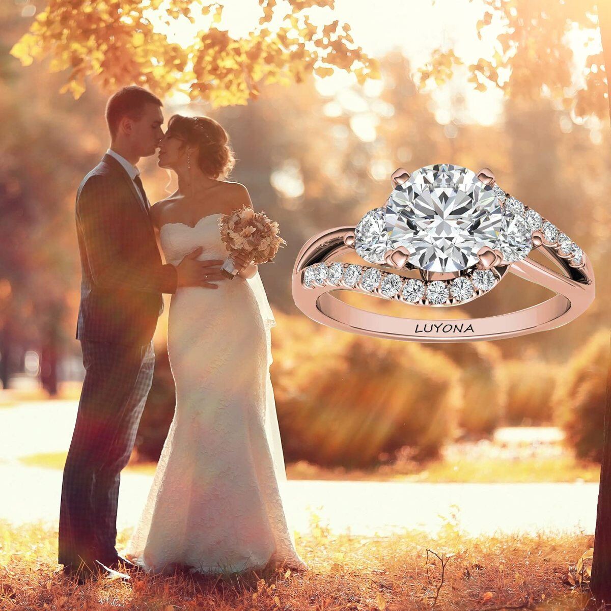 Sterling Silver with Rose Gold Plated Round Moissanite Couple Engagement Ring-5