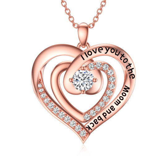 Sterling Silver with Rose Gold Plated Round Moissanite Heart With Heart Pendant Necklace with Engraved Word