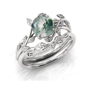 Sterling Silver with Rose Gold Plated Round Moss Agate & Personalized Engraving Leaves Engagement Ring-40