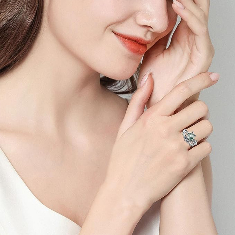 Anillo de compromiso de plata de ley con hojas grabadas personalizadas de ágata musgosa redonda-2