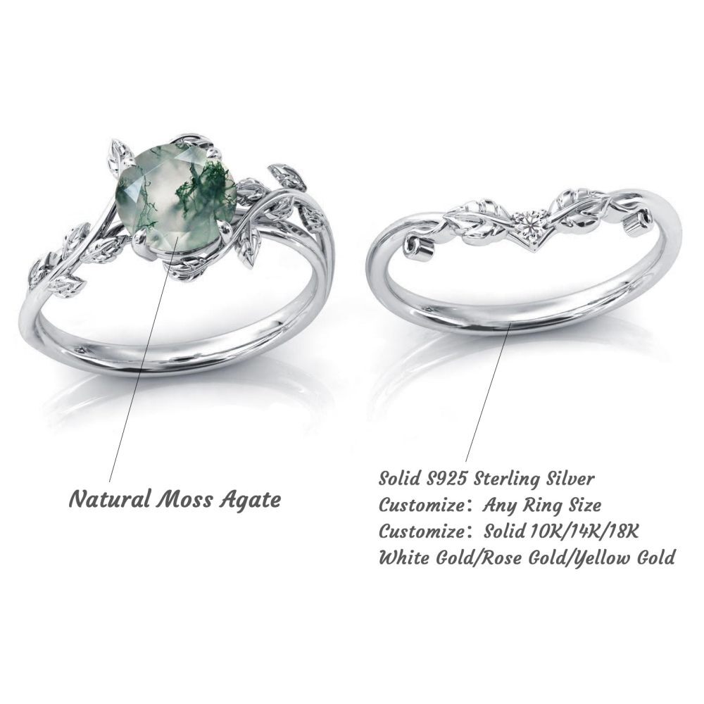 Sterling Silber Rund Moosachat Personalisierte Gravur Blätter Verlobungsring-4