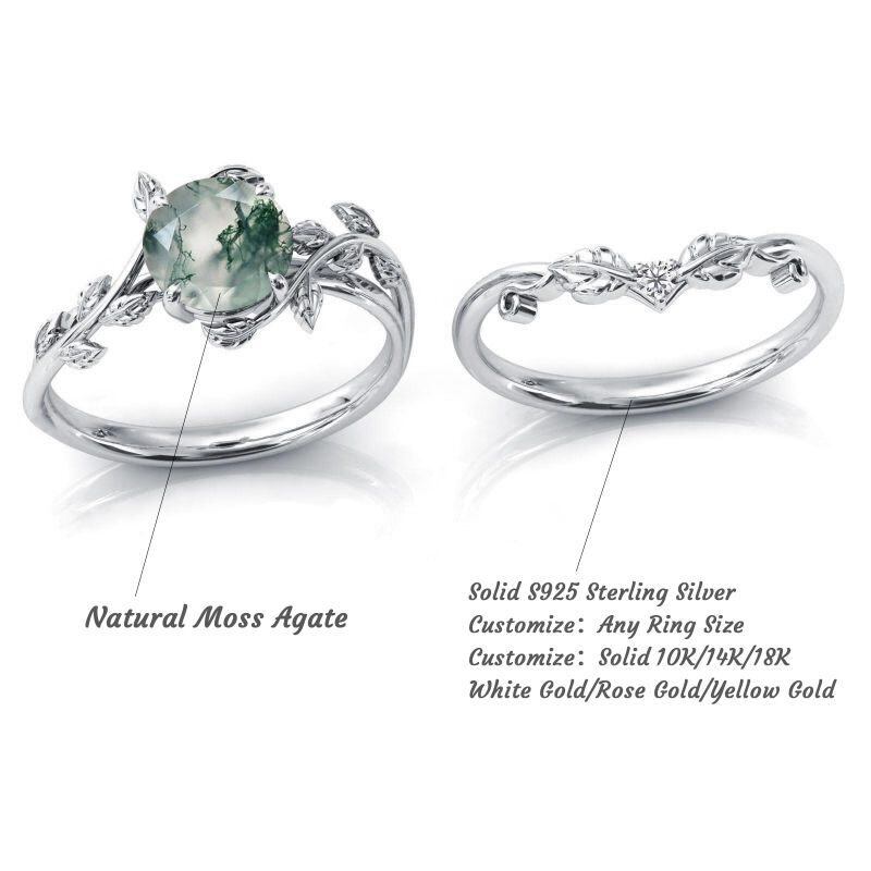 Anillo de compromiso de plata de ley con hojas grabadas personalizadas de ágata musgosa redonda-4