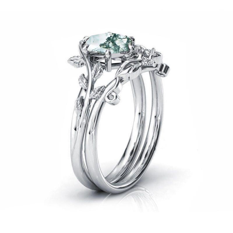 Anillo de compromiso de plata de ley con hojas grabadas personalizadas de ágata musgosa redonda-5