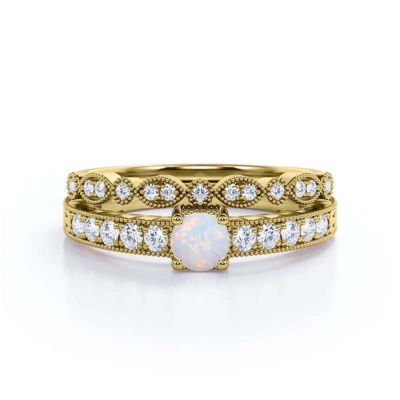 Sterling Silver With Rose Gold Plated Round Opal Personalized Engraving Wedding Ring For Women-3