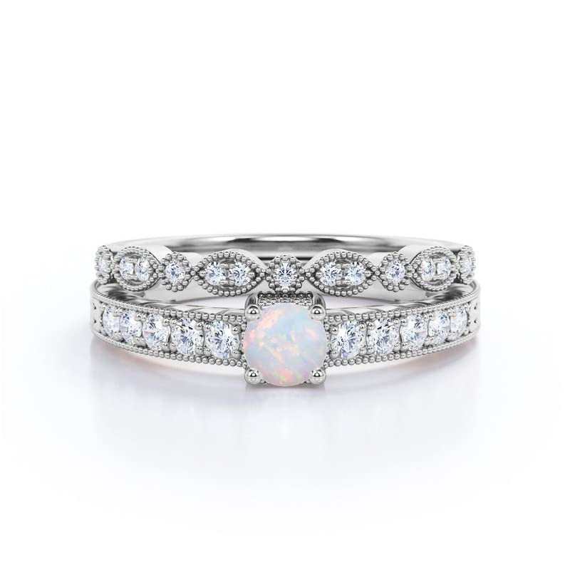 Sterling Silver With Rose Gold Plated Round Opal Personalized Engraving Wedding Ring For Women-5