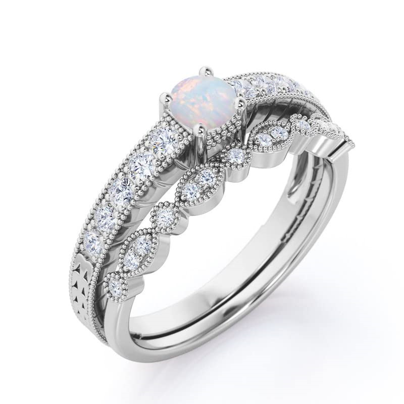 Sterling Silver With Rose Gold Plated Round Opal Personalized Engraving Wedding Ring For Women-6