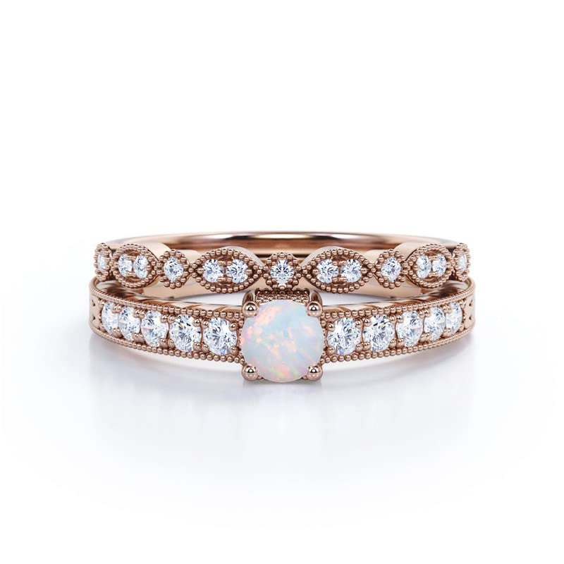 Sterling Silver With Rose Gold Plated Round Opal Personalized Engraving Wedding Ring For Women-7