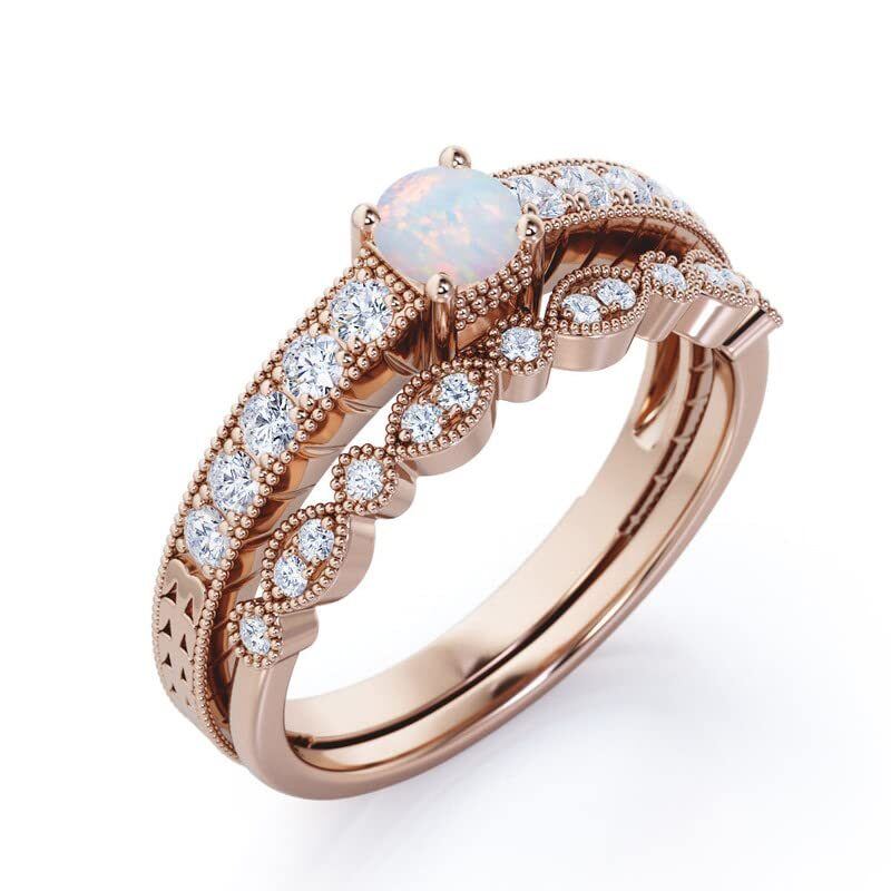 Sterling Silver With Rose Gold Plated Round Opal Personalized Engraving Wedding Ring For Women-8