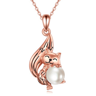 Sterling Silver with Rose Gold Plated Round Pearl Fox Pendant Necklace-9