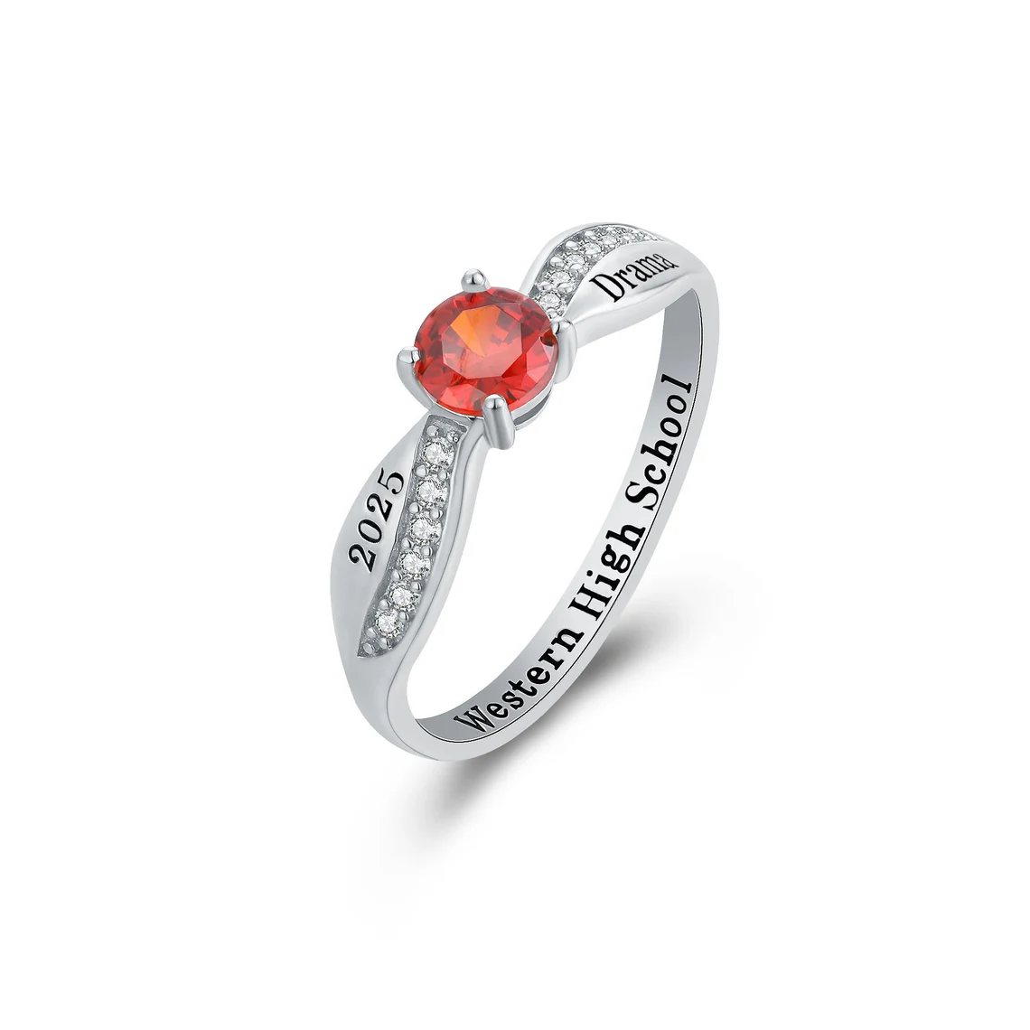 Sterling Silver Round Zircon Personalized Birthstone & Engraving Ring For Women-2