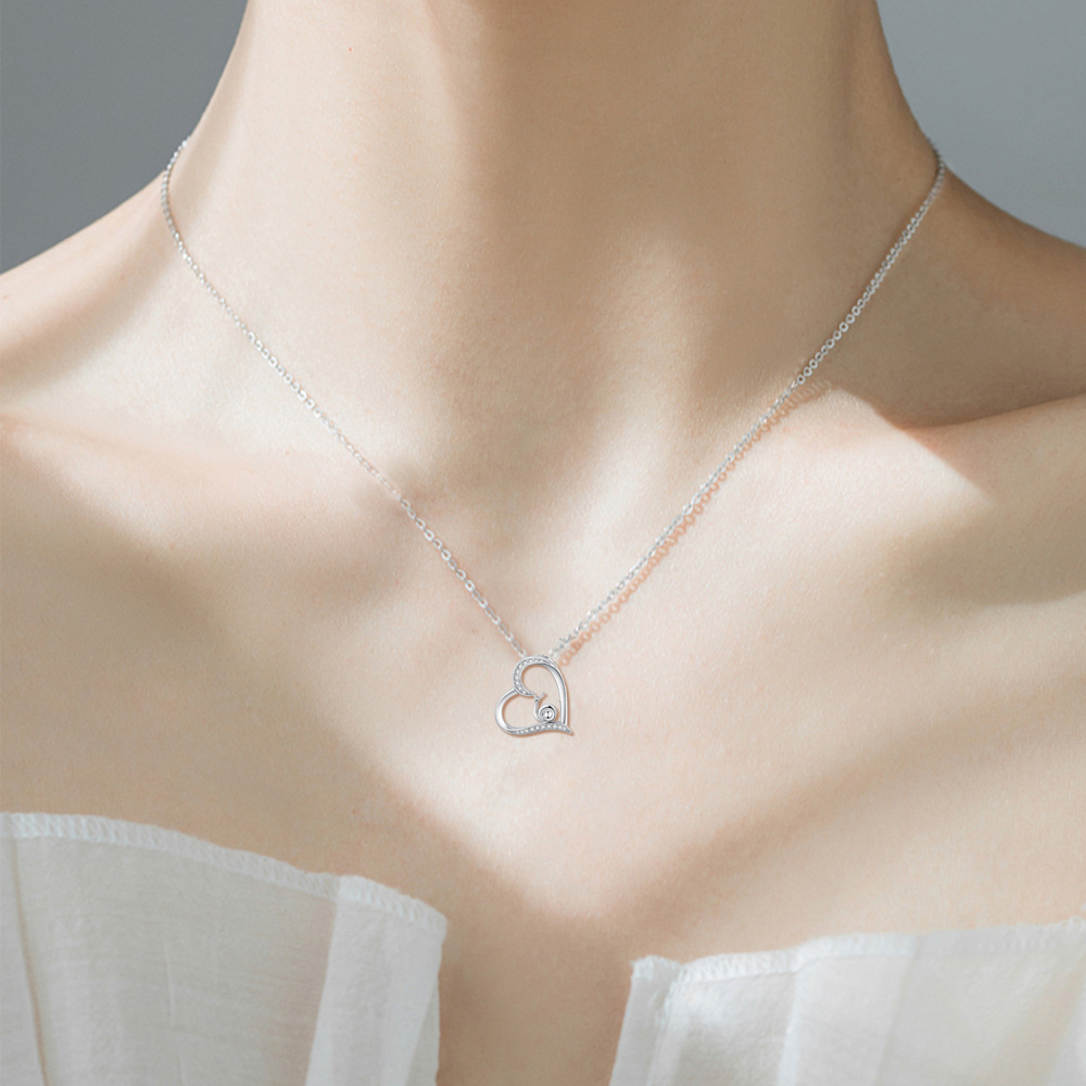 Sterling Silver with Rose Gold Plated Round Zircon Heart Cable Chain Necklace-5