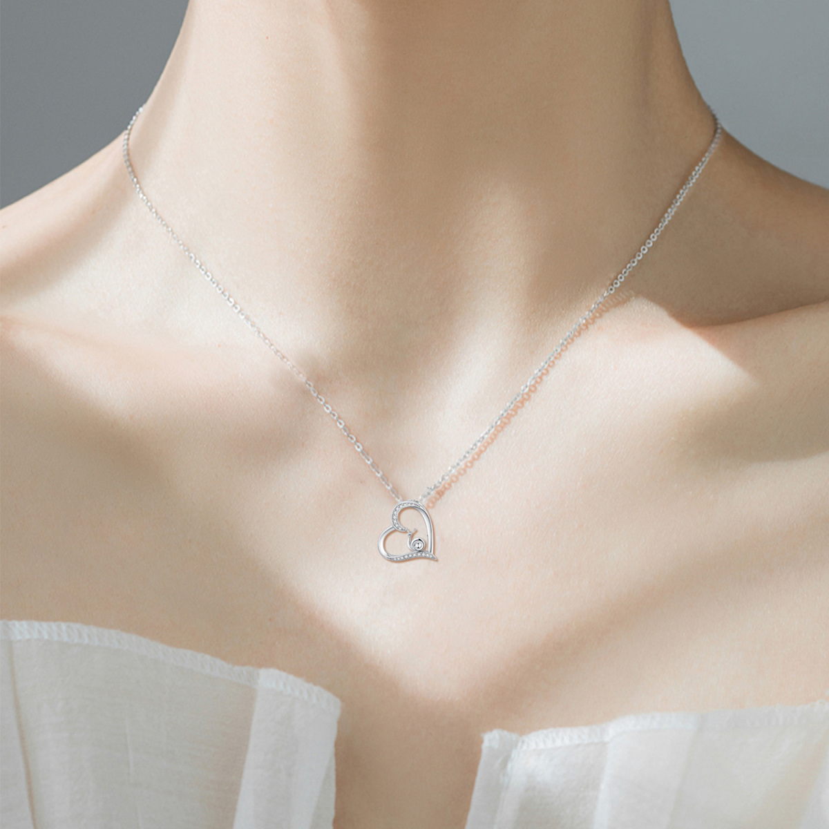 Sterling Silver with Rose Gold Plated Round Zircon Heart Cable Chain Necklace-5