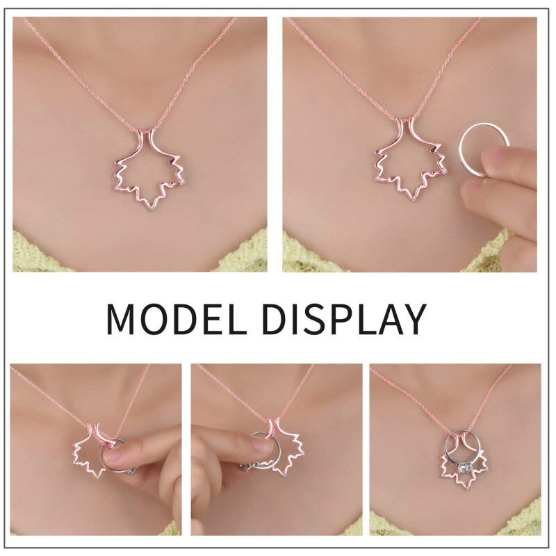 Sterling Silver with Rose Gold Plated Cubic Zirconia Maple Leaf & Ring Holder Pendant Necklace-5