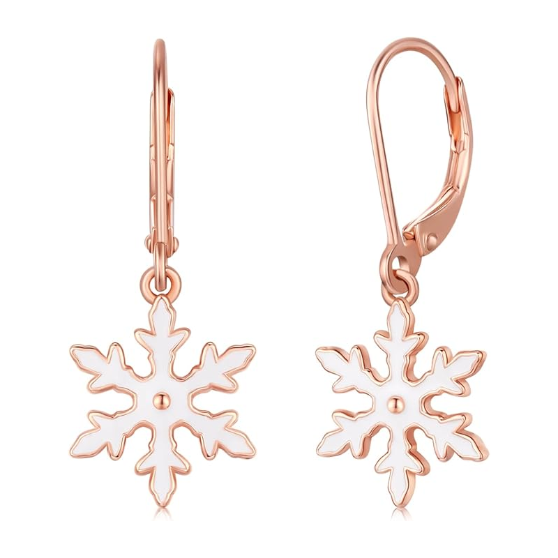 Sterling Silver with Rose Gold Plated Snowflake Lever-back Earrings-19