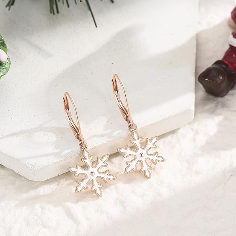 Sterling Silver with Rose Gold Plated Snowflake Lever-back Earrings-3