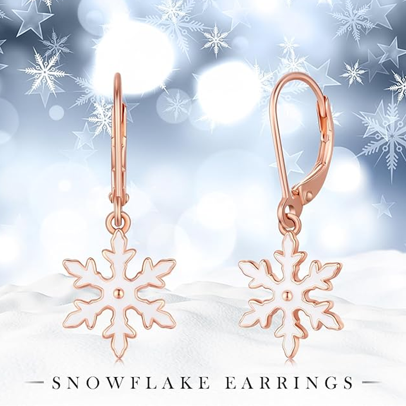 Sterling Silver with Rose Gold Plated Snowflake Lever-back Earrings-4