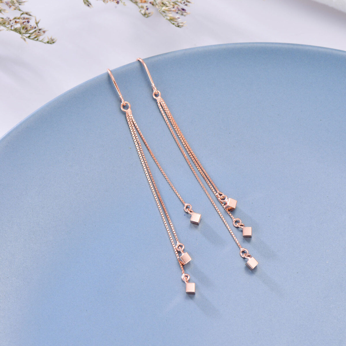 Sterling Silver with Rose Gold Plated Square Drop Earrings-5