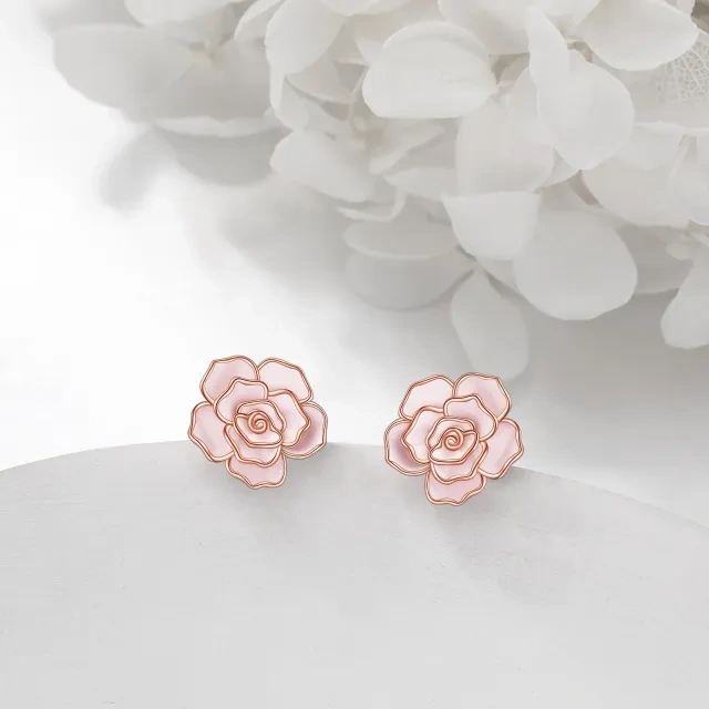 Orecchini a bottone in argento sterling con rose placcate in oro rosa-4