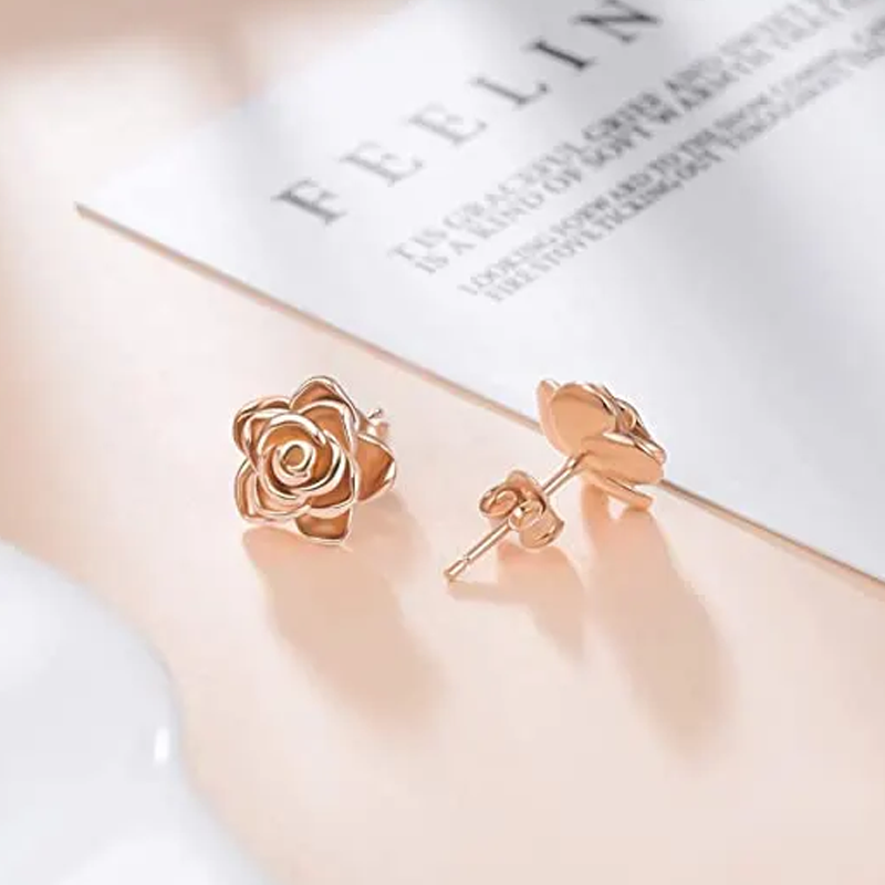 Sterling Silver with Rose Gold Plated Rose Stud Earrings for Women-2