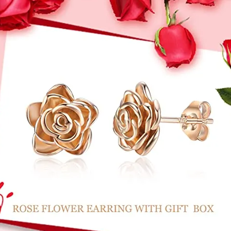 Sterling Silver with Rose Gold Plated Rose Stud Earrings for Women-4