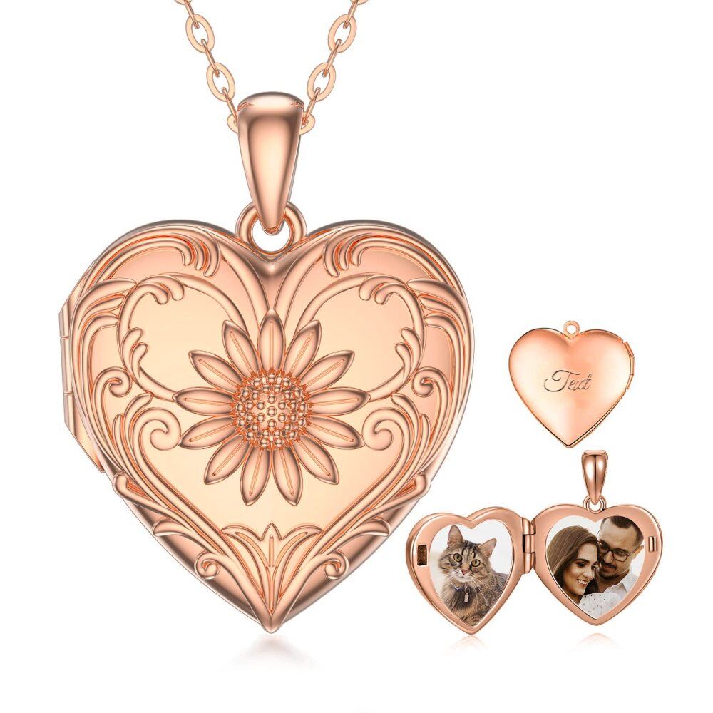Prata esterlina com coração de girassol banhado a ouro rosa Gravação personalizada Colar medalhão com foto-1