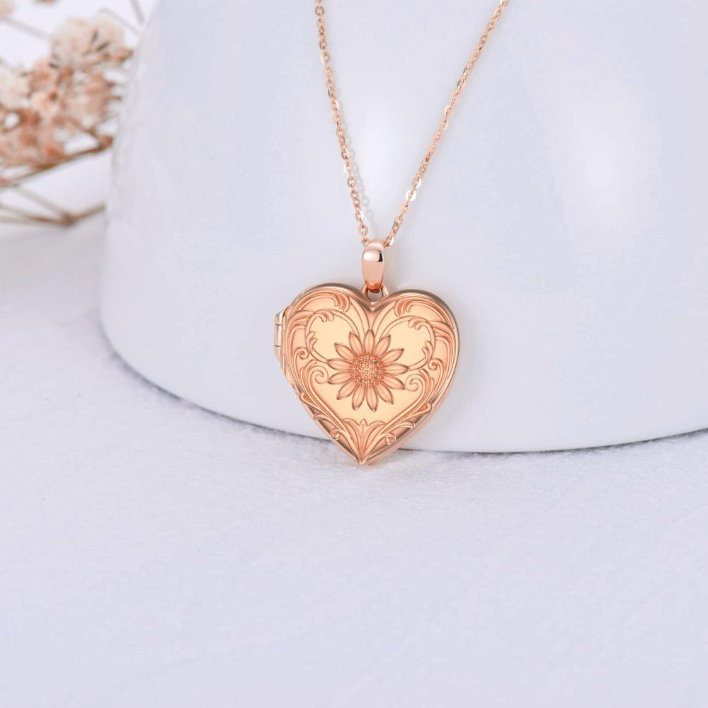 Prata esterlina com coração de girassol banhado a ouro rosa Gravação personalizada Colar medalhão com foto-3