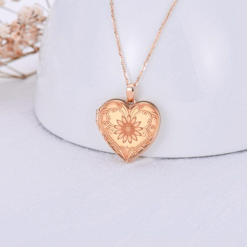 Sterling zilver met Rose Gold Plated zonnebloem hart gepersonaliseerde graveren aangepaste foto zakje ketting-3