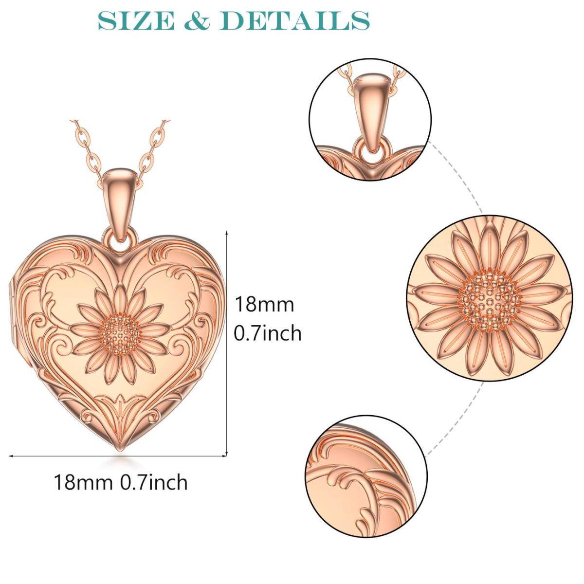 Sterling Silver with Rose Gold Plated Sunflower Heart Personalized Engraving Custom Photo Locket Necklace-6