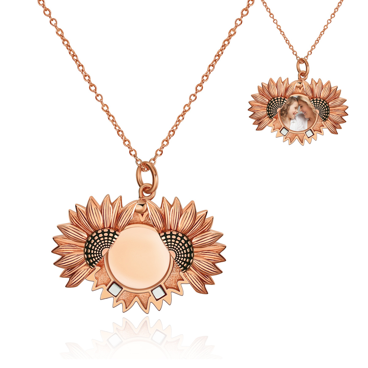 Collar con medallón de foto personalizado de girasol chapado en oro rosa de plata de ley con palabra grabada para mujer-1