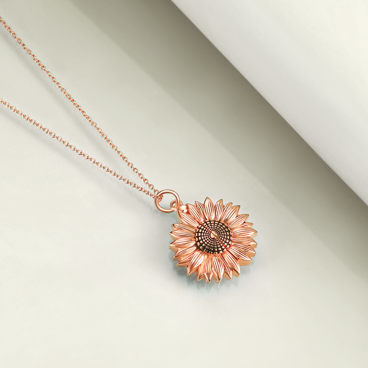 Collar con medallón de foto personalizado de girasol chapado en oro rosa de plata de ley con palabra grabada para mujer-3