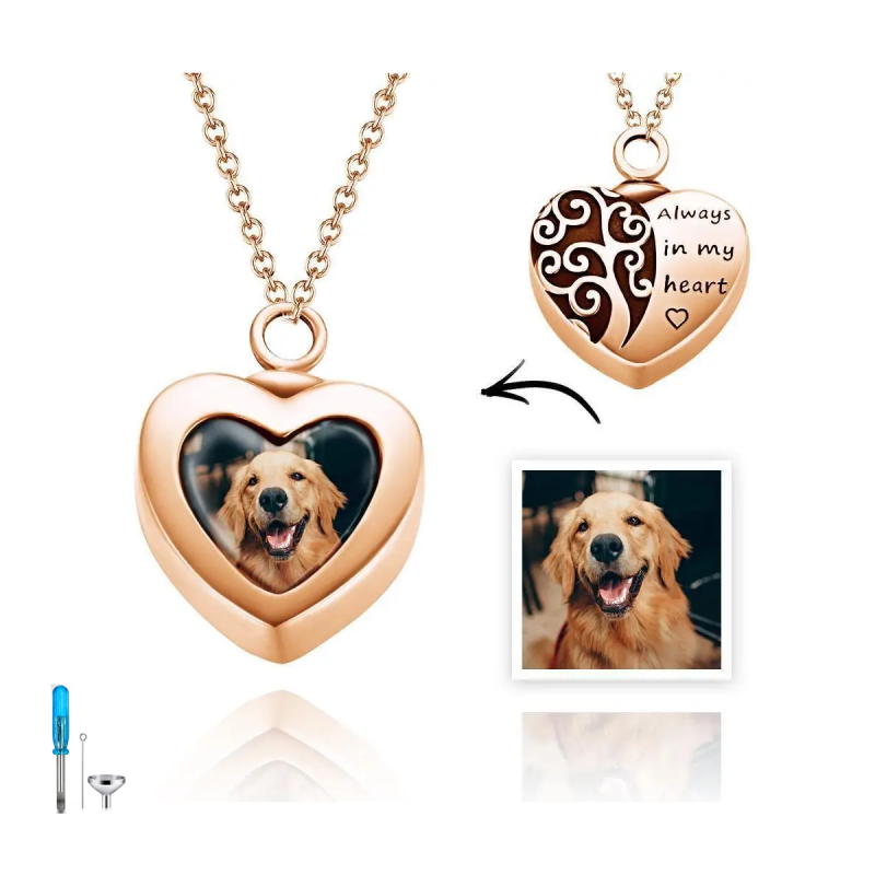 Colar de urna com foto personalizada em forma de coração, banhado a ouro rosa e prata de lei, com árvore da vida, para cinzas-15