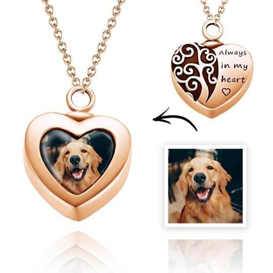 Plata de ley con baño de oro rosa Árbol de la Vida Corazón Personalizado Foto Urna Collar para cenizas con la palabra grabada