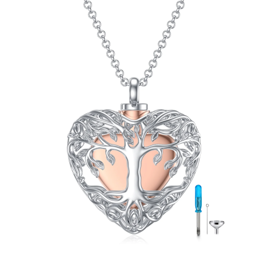 Collana in argento sterling con albero della vita e cuore placcato in oro rosa per le ceneri